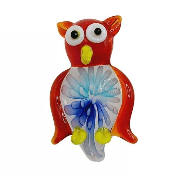 Art Glass Owl Pendant Red Blue Yellow 1.75 Inches Long Applied Bail Google Eyes - Picture 1 of 5